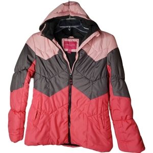 London Fog Girls Puffer Coat XL Hooded Chevron Colorblock Fleece Lined Winter